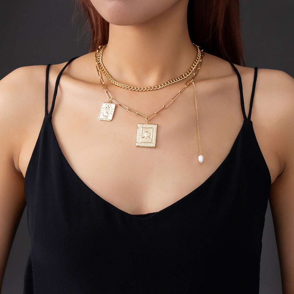 Rice Bead Necklace Square Multilayer Necklace